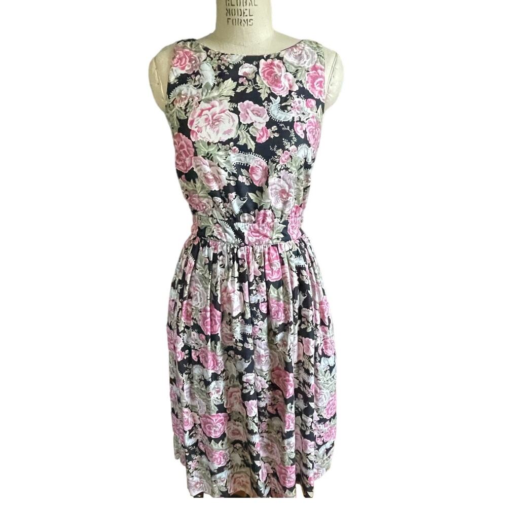 Eileen West Dark Floral Roses Backless Midi Cotton Dress Size Medium Vintage 90s